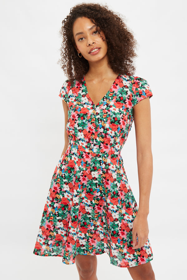 Louche Cathleen Mini Flower Splash Print Mini Tea Dress - Front