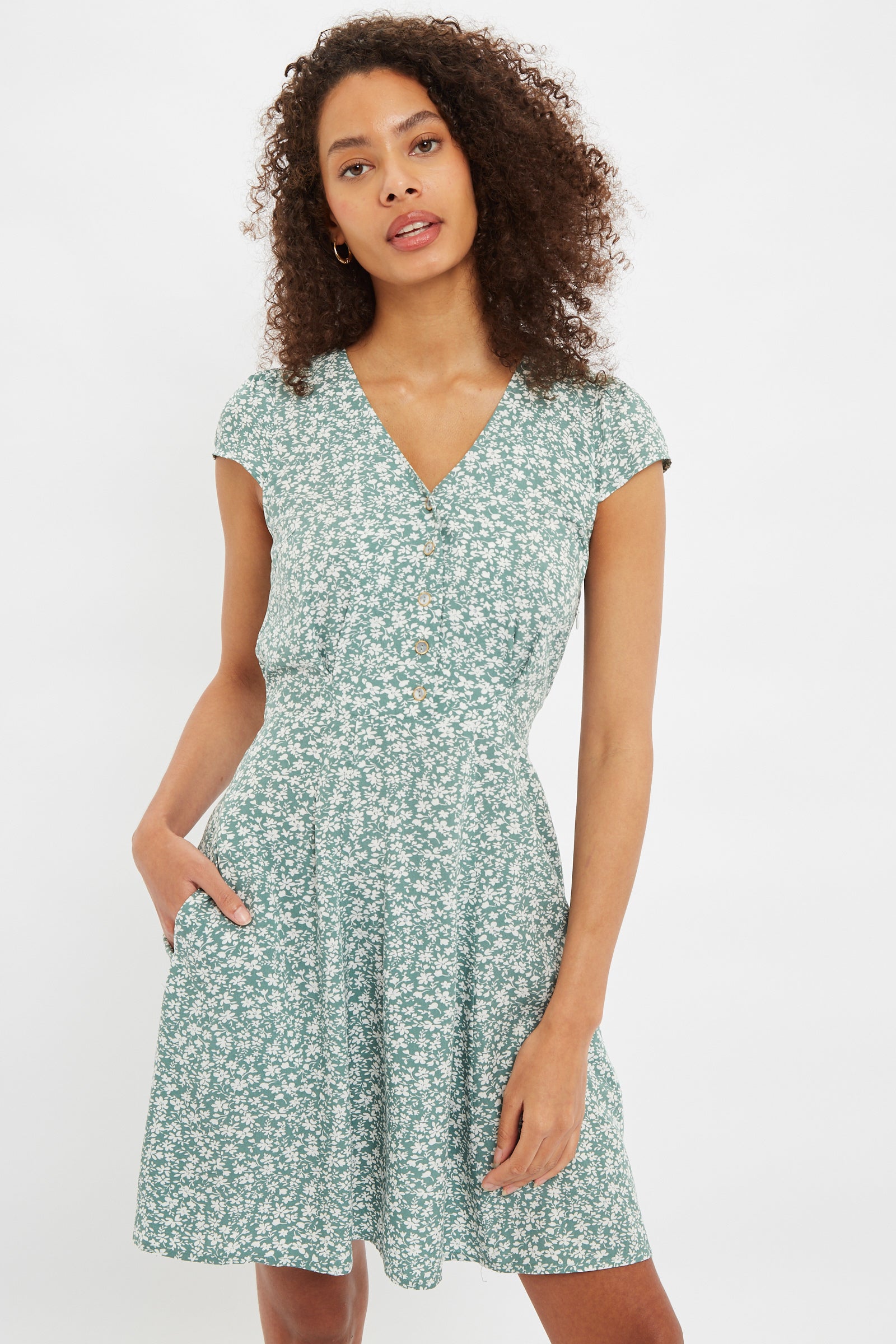 Louche Cathleen Micro Blossom Print Mini Tea Dress In Green