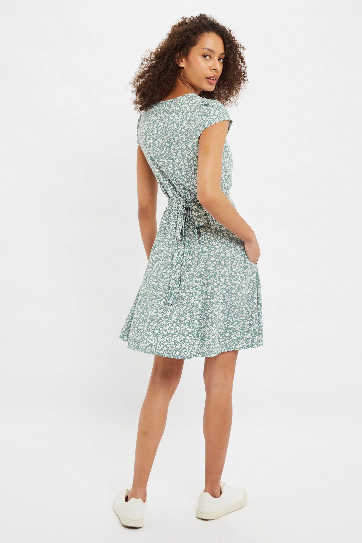 Louche Cathleen Micro Blossom Print Mini Tea Dress In Green