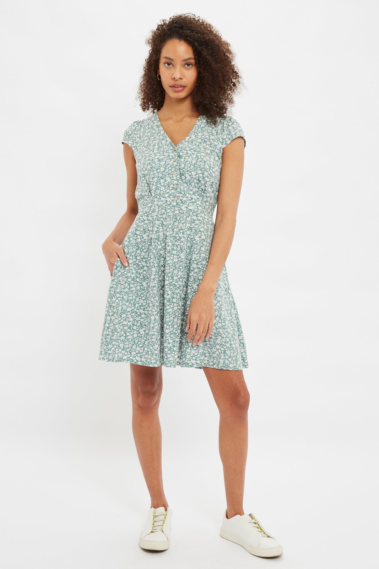 Louche Cathleen Micro Blossom Print Mini Tea Dress In Green