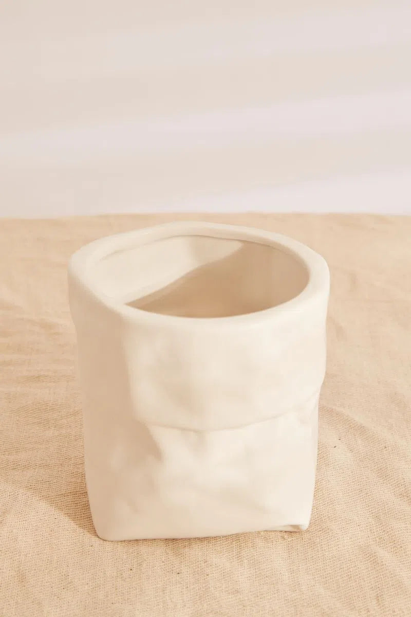 Large White Ceramic Paper Bag Planter