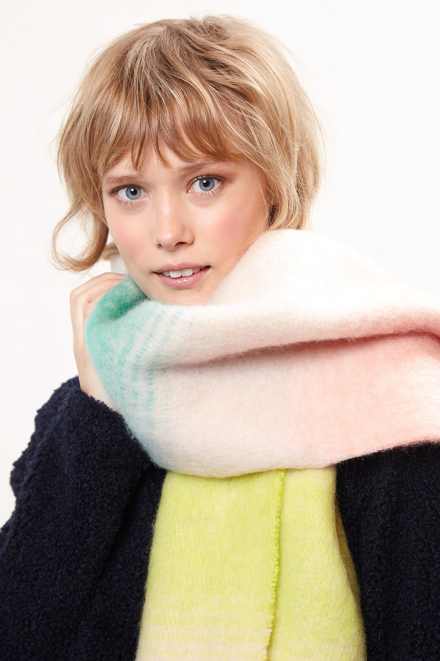 Louche Ciara Cosy Fluffy Striped Tassel Scarf - Pink