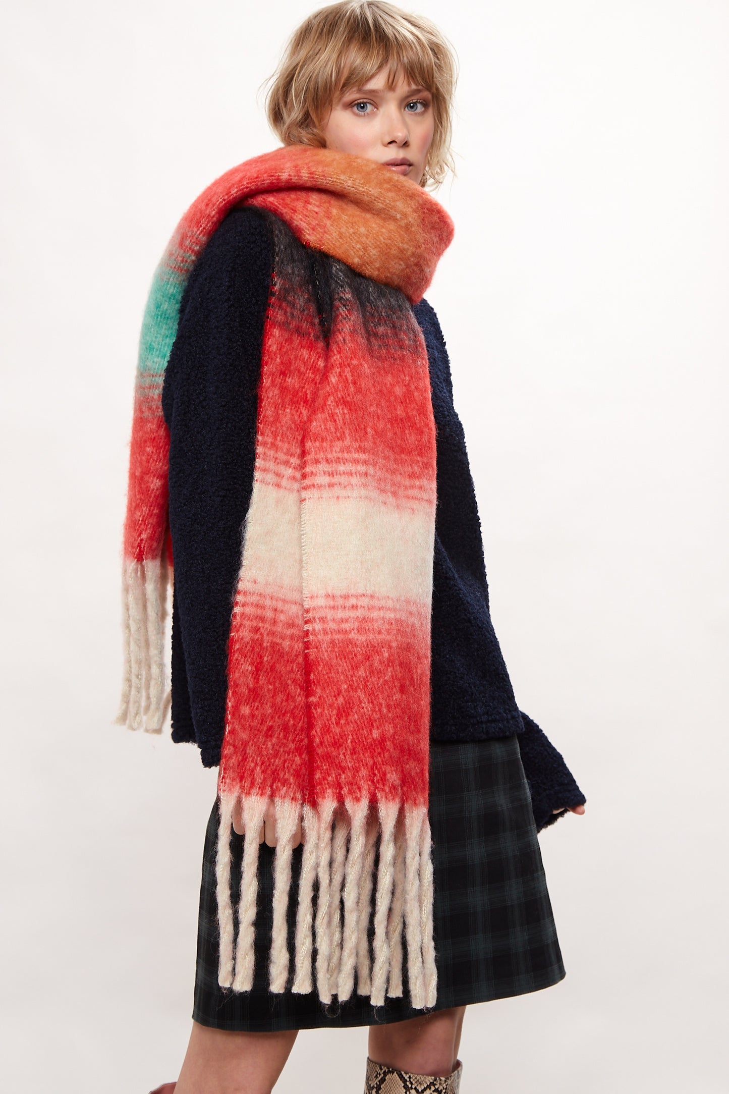 Louche Ciara Cosy Fluffy Striped Tassel Scarf - Red