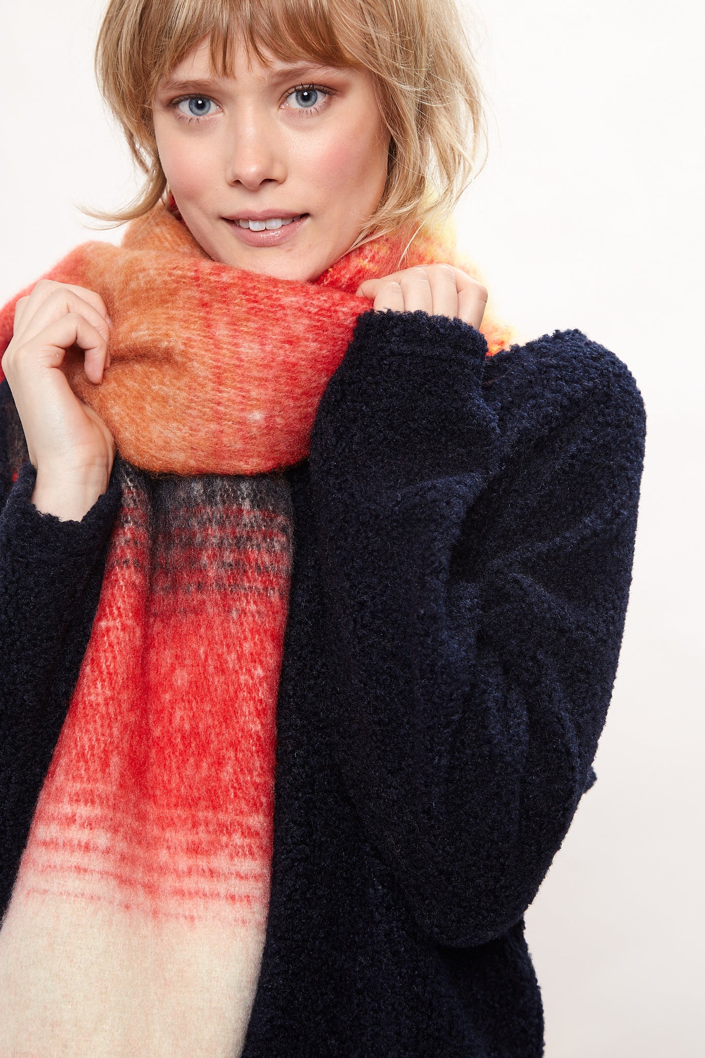 Louche Ciara Cosy Fluffy Striped Tassel Scarf - Red