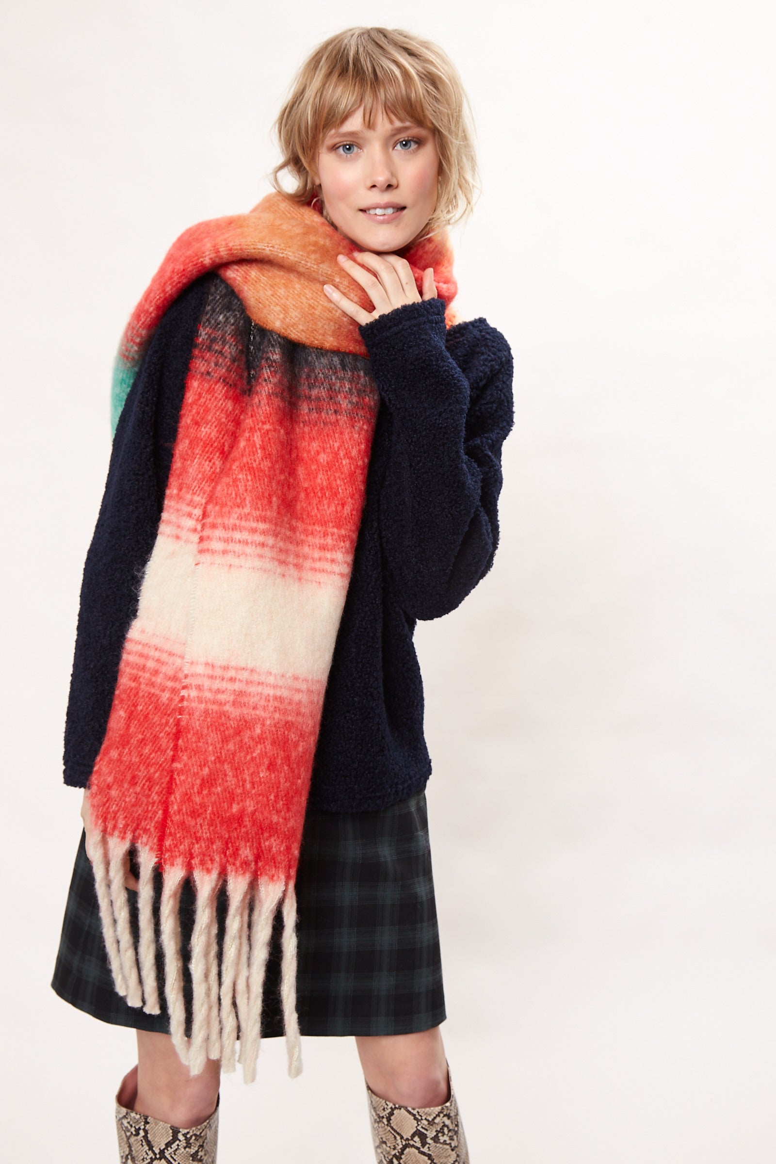Louche Ciara Cosy Fluffy Striped Tassel Scarf - Red - Detail 1