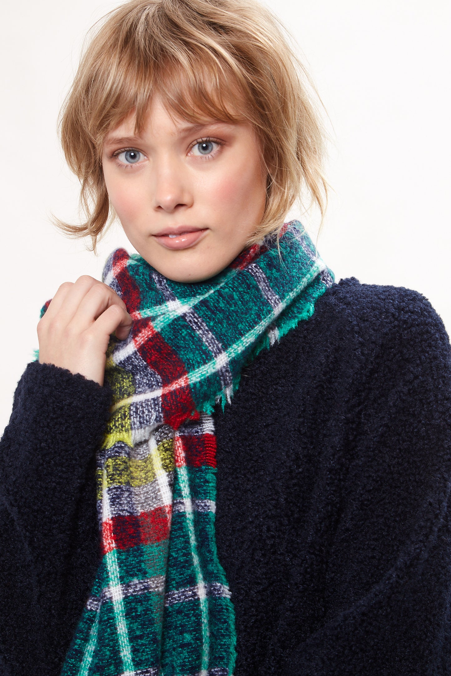 Louche Clodagh Warm Handle Checked Scarf With Fringed Edge - Green