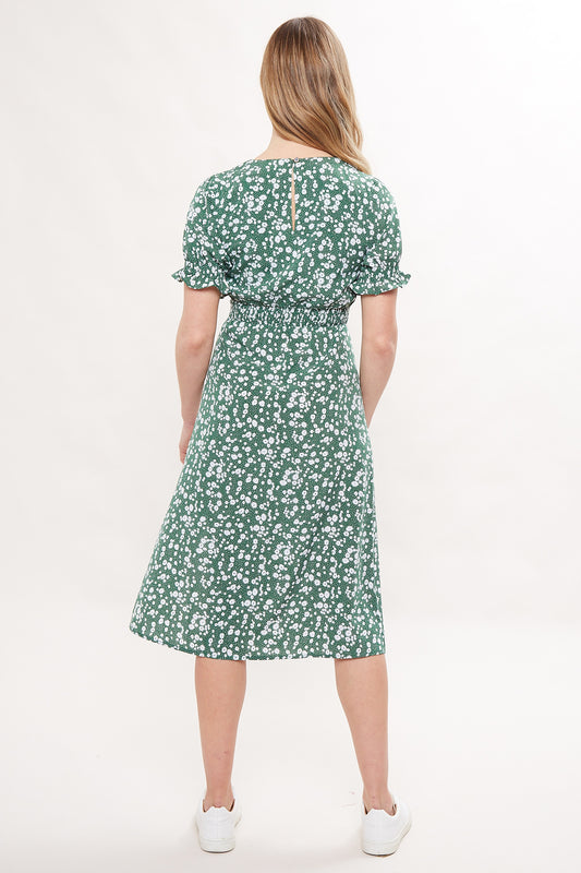 Corina Flower Dot Print Midi Tea Dress - Green
