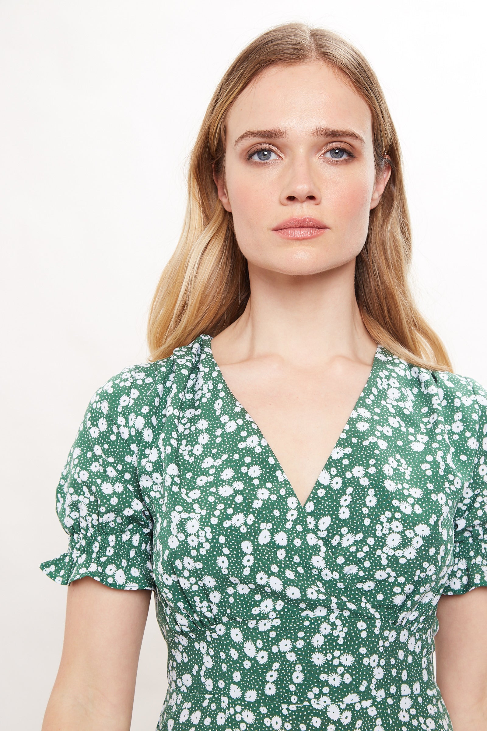 Corina Flower Dot Print Midi Tea Dress - Green - Detail 1
