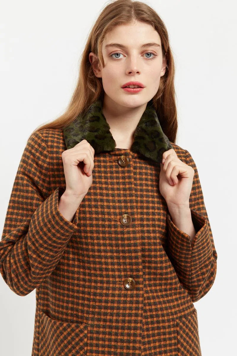 Louche Dryden  Cottage Check Faux Fur Collar A Line Coat