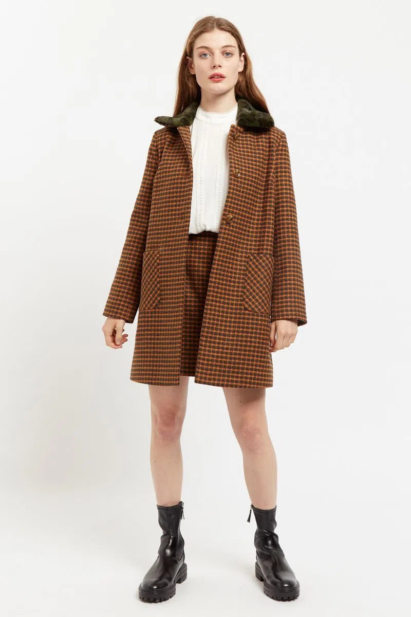 Louche Dryden  Cottage Check Faux Fur Collar A Line Coat