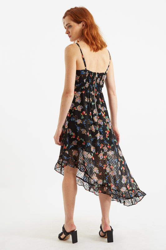 Louche Dina Carpathian Florals Print Asymmetric Strappy Midi Dress