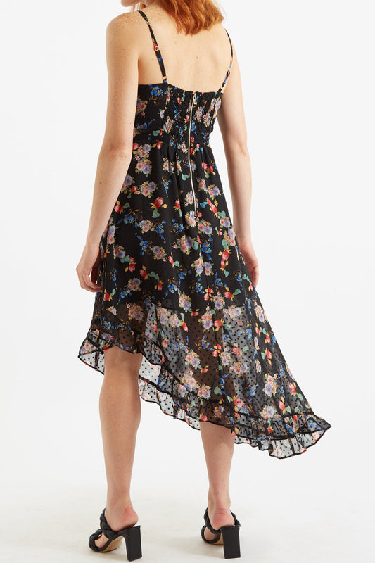 Louche Dina Carpathian Florals Print Asymmetric Strappy Midi Dress