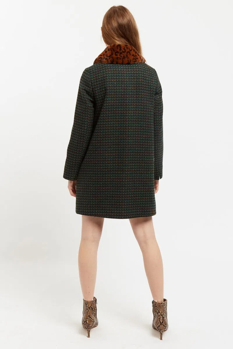 Louche Dryden Cottage Check Faux Fur Collar A Line Coat Green