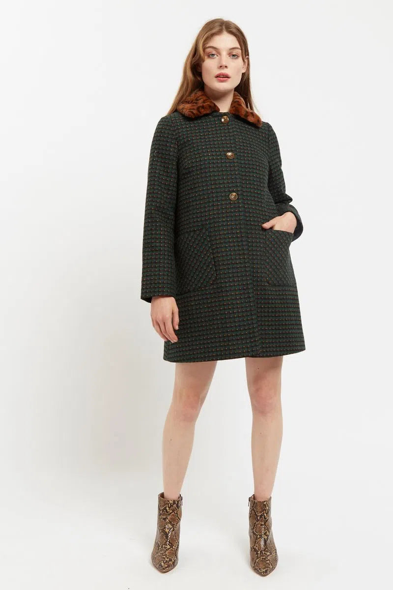Louche Dryden Cottage Check Faux Fur Collar A Line Coat Green