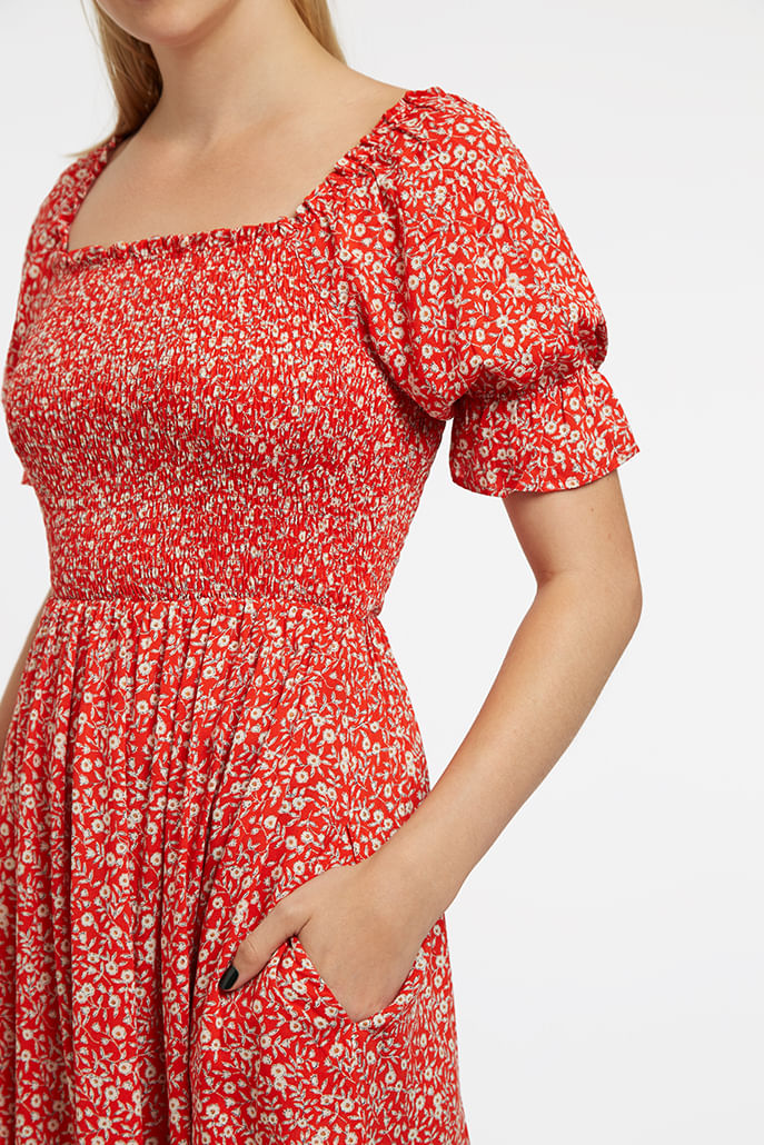 Louche Emeline Shrubbery Print Smocked Bodice Puff Sleeve Mini Dress - Red - Detail 1