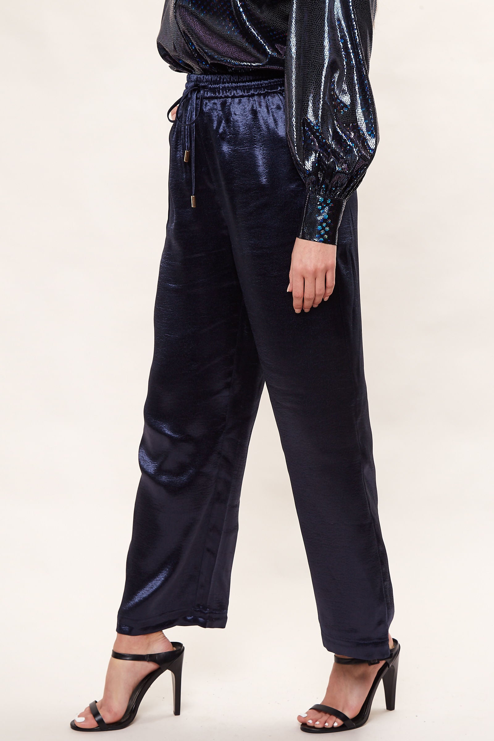 Louche Satin Emmanuella Pull On Trouser - Navy - Detail 2