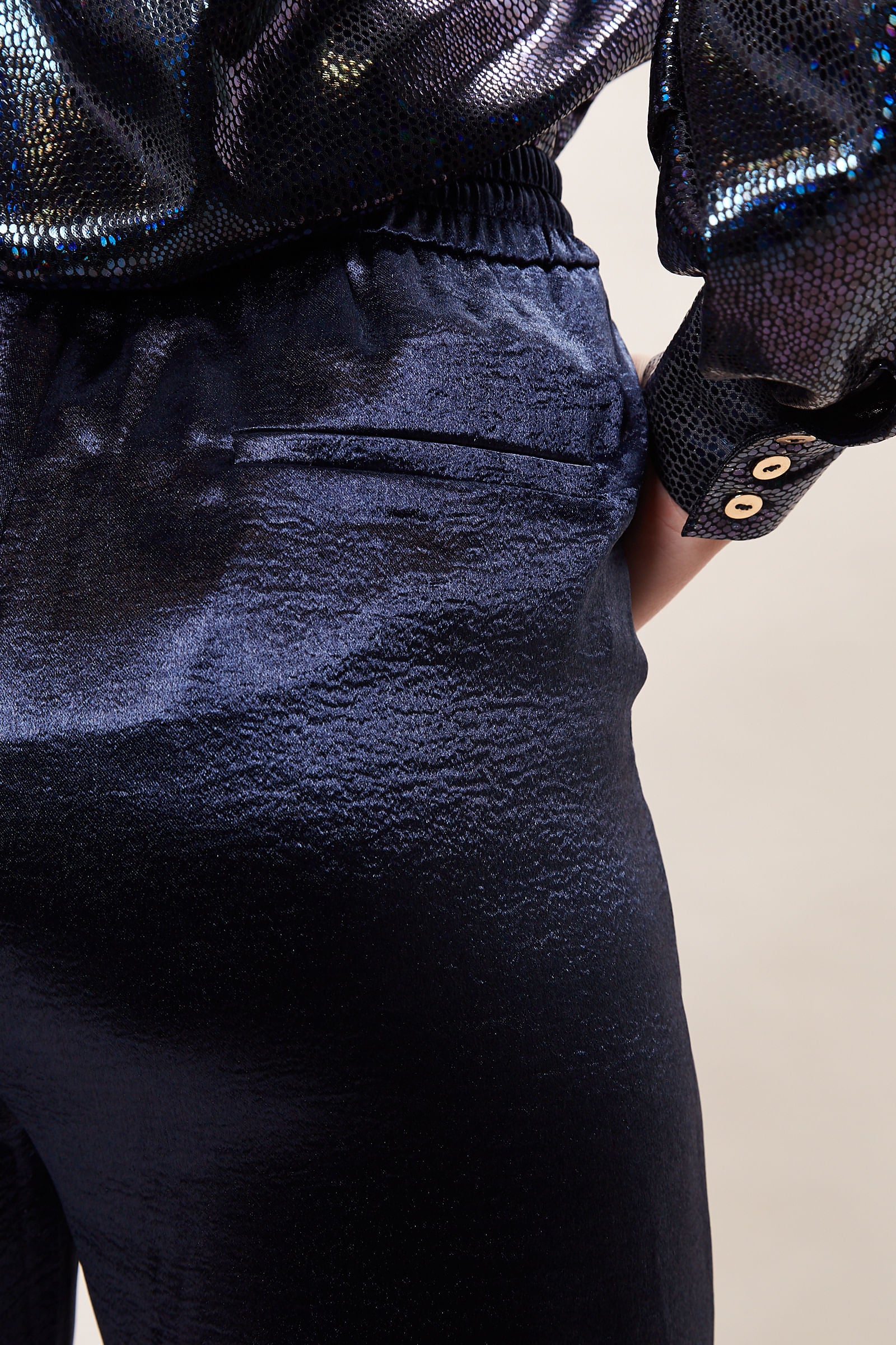 Louche Satin Emmanuella Pull On Trouser - Navy - Detail 1