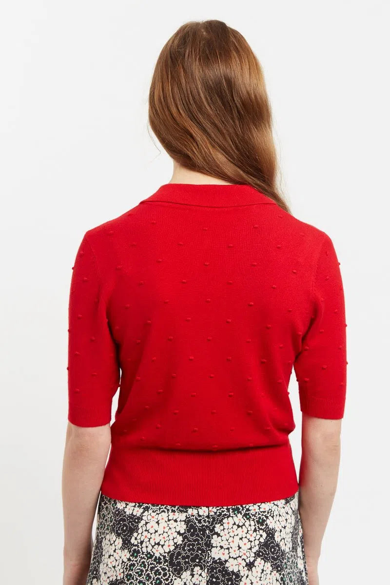 Louche Josephina Raindrops Textured Short Sleeve Collared Sweater Red - Back