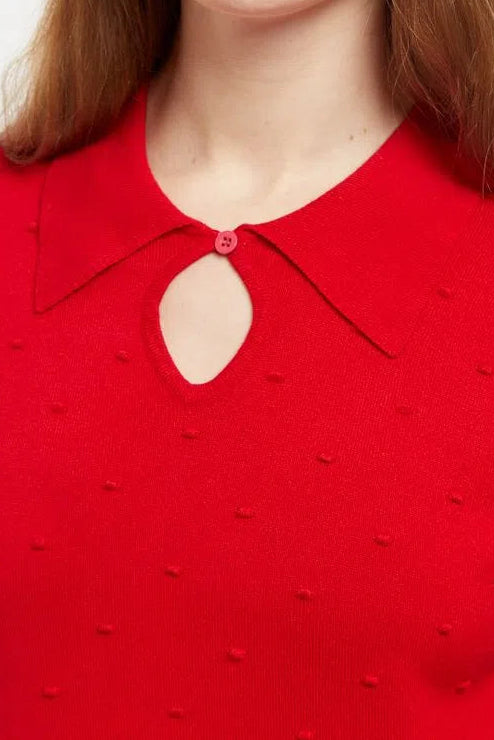 Louche Josephina Raindrops Textured Short Sleeve Collared Sweater Red - Detail 1