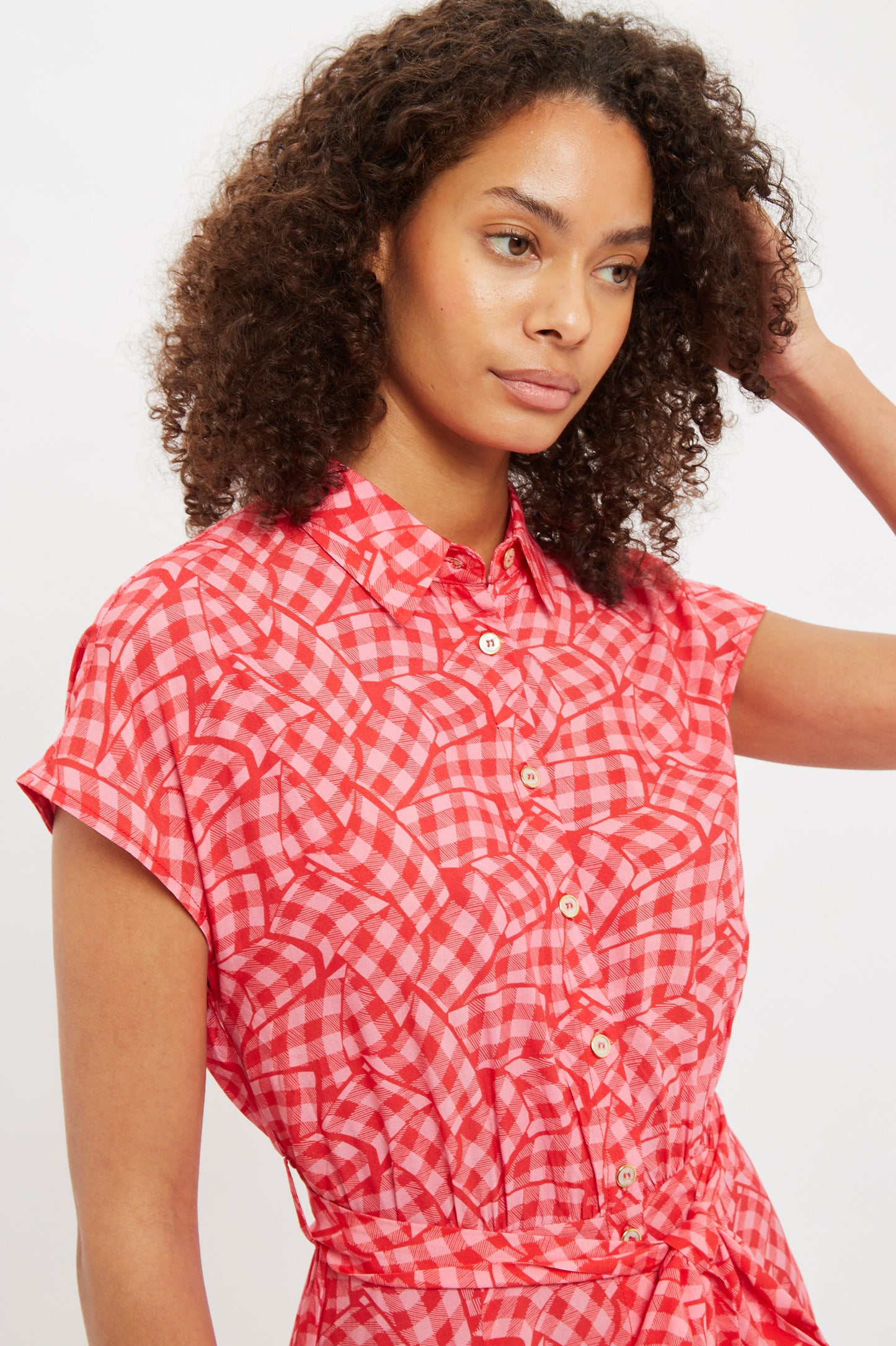 Louche Fleur Gingham Twist Print Short Sleeve Shirt Dress