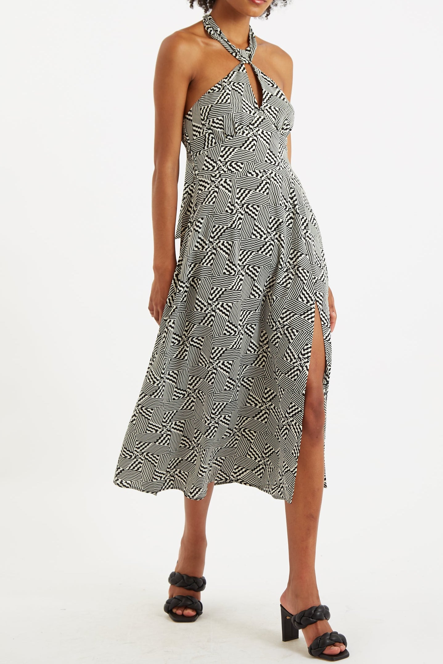 Geri 60s Patchwork Tie Neck Halter Midi Dress