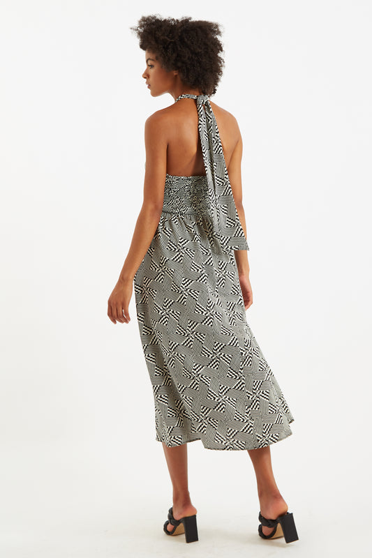 Geri 60s Patchwork Tie Neck Halter Midi Dress