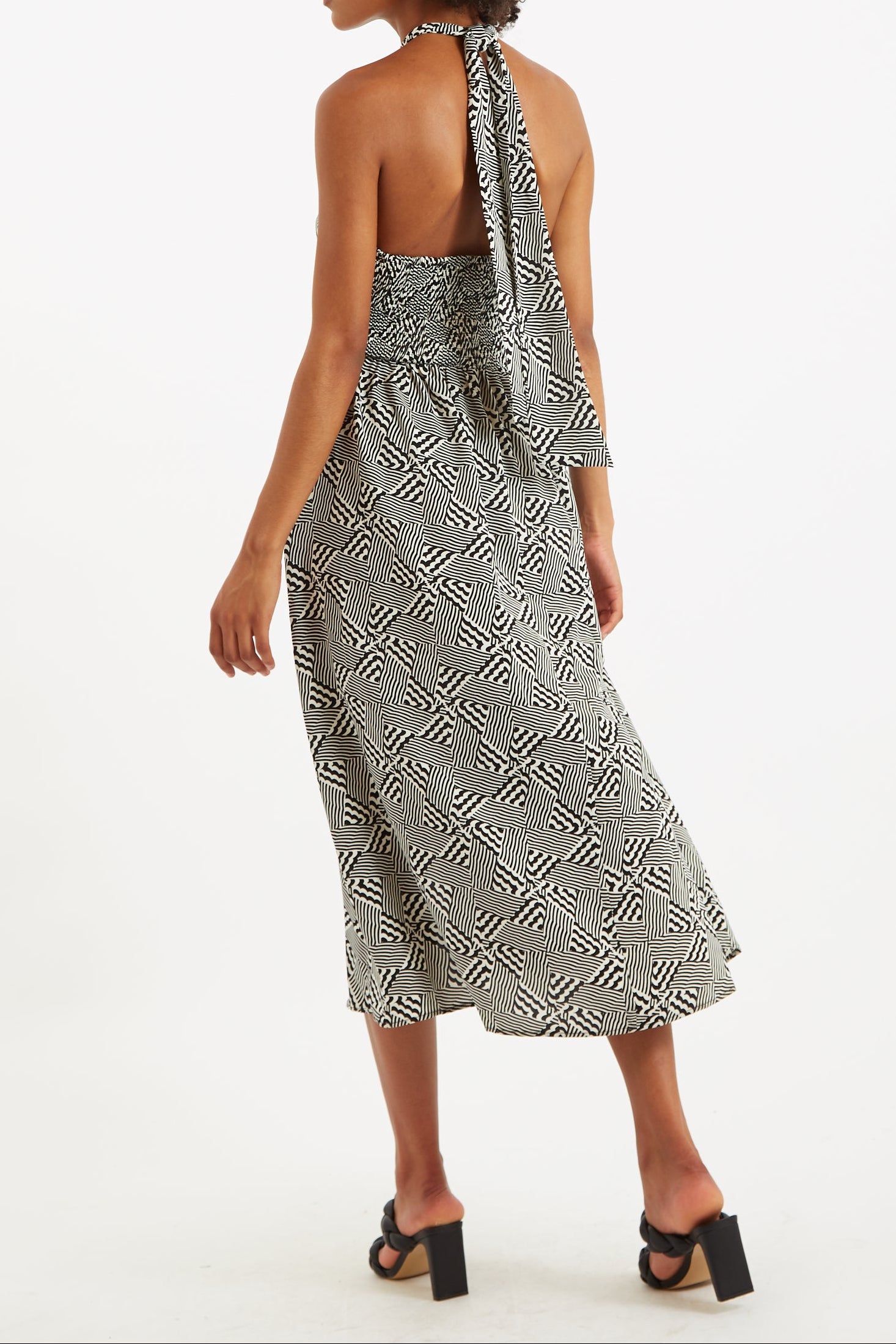 Geri 60s Patchwork Tie Neck Halter Midi Dress