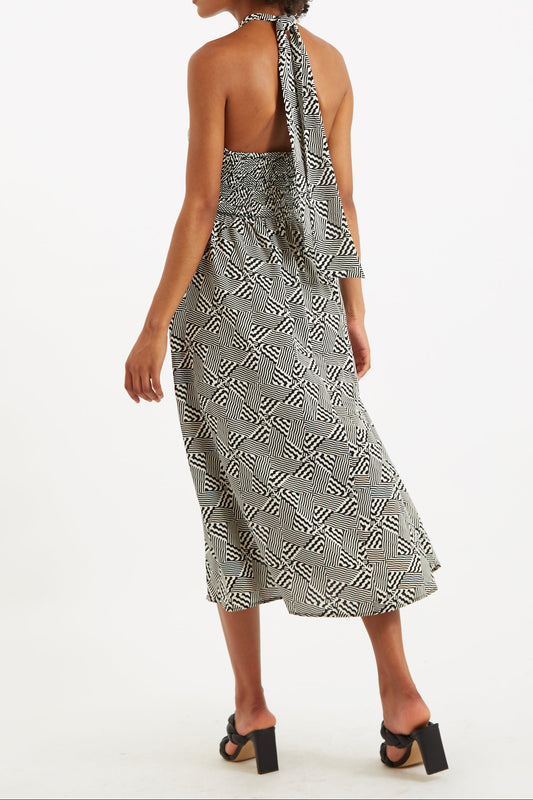 Geri 60s Patchwork Tie Neck Halter Midi Dress