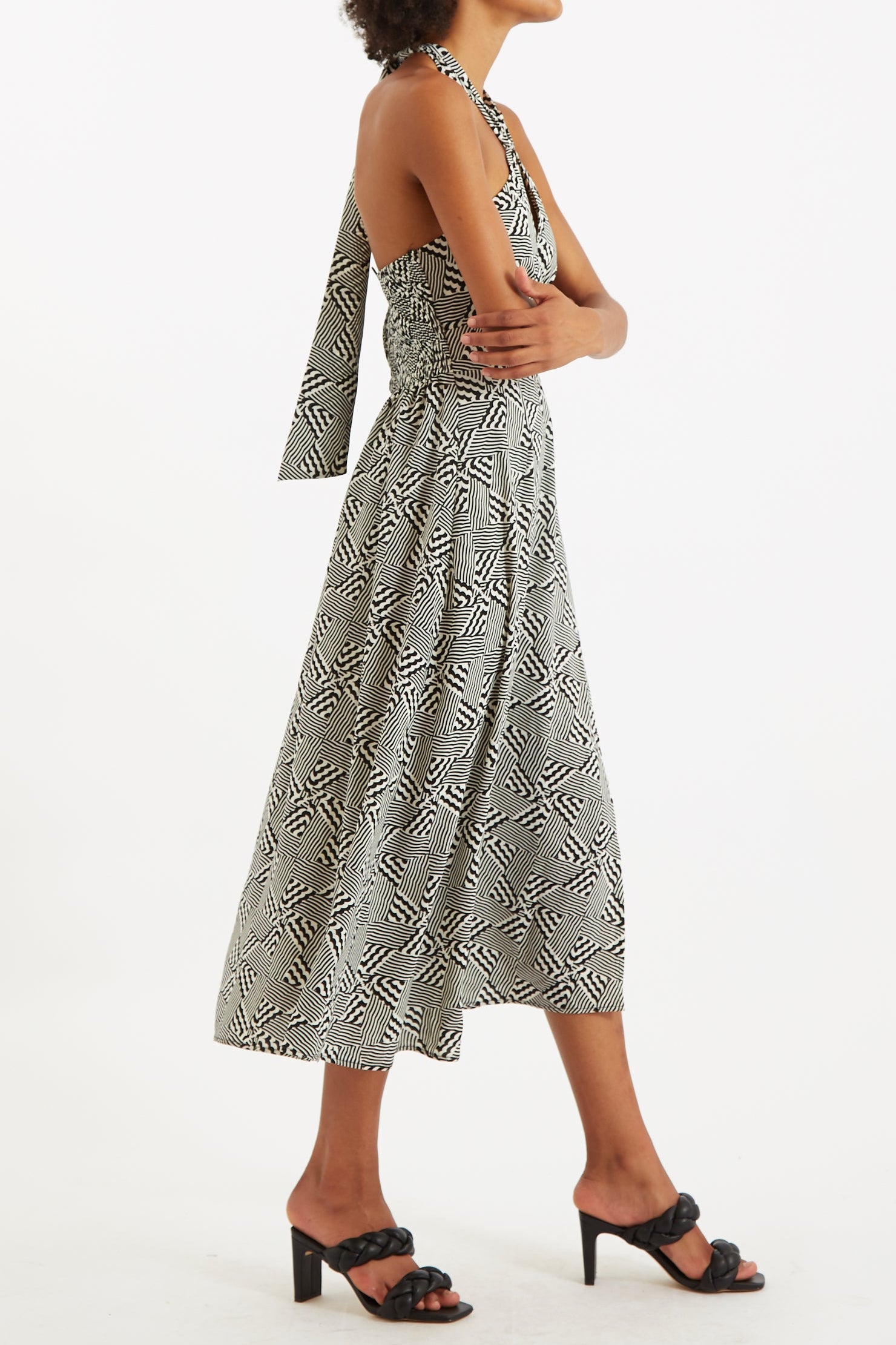 Geri 60s Patchwork Tie Neck Halter Midi Dress - Detail 1