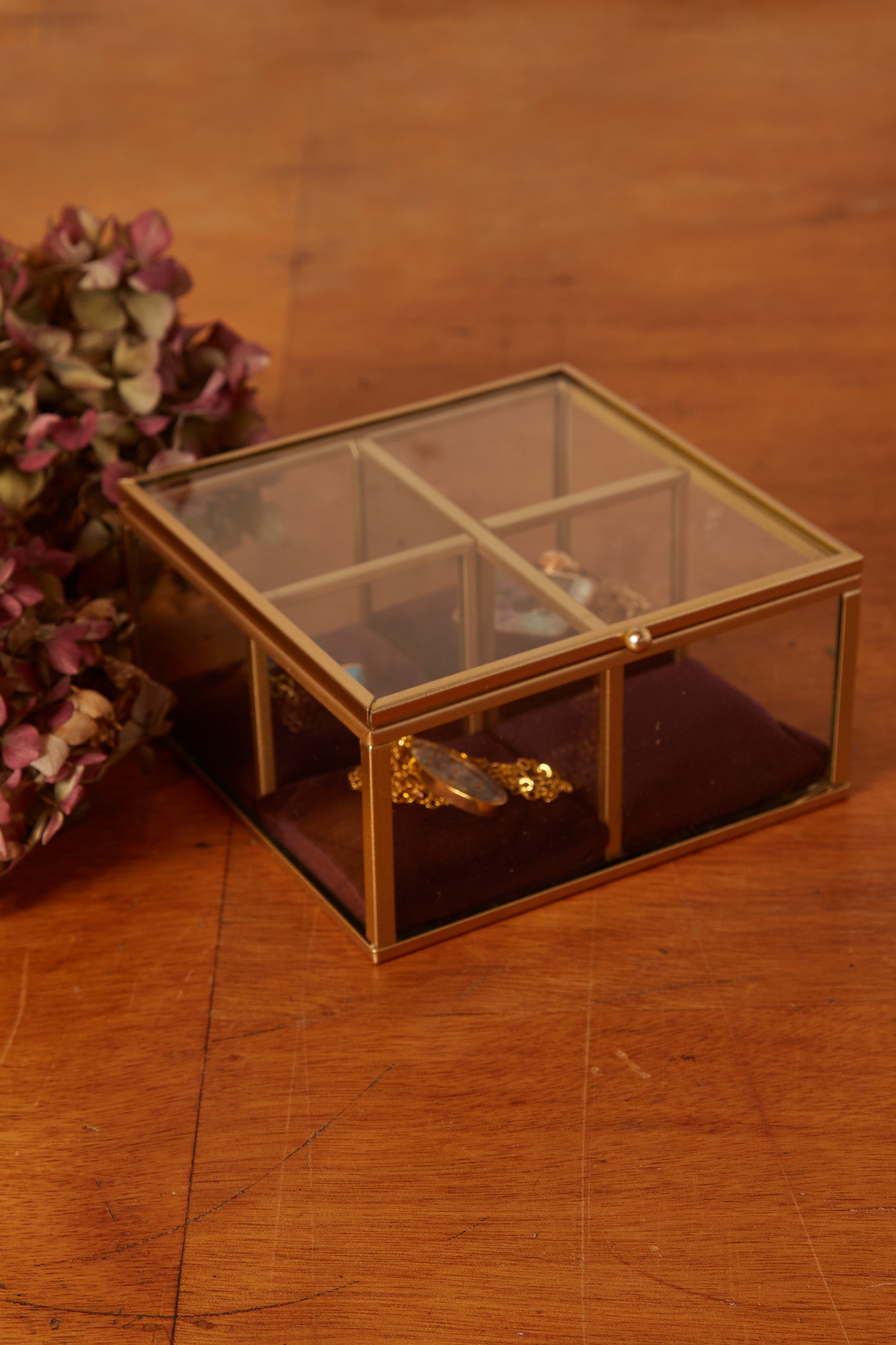 Four Section Velvet Lined Glass Trinket Box Burgundy