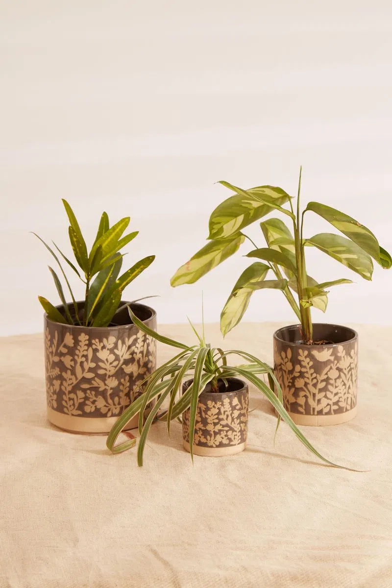 Set Of 3 Floral Embossed Glazed Planters In Grey