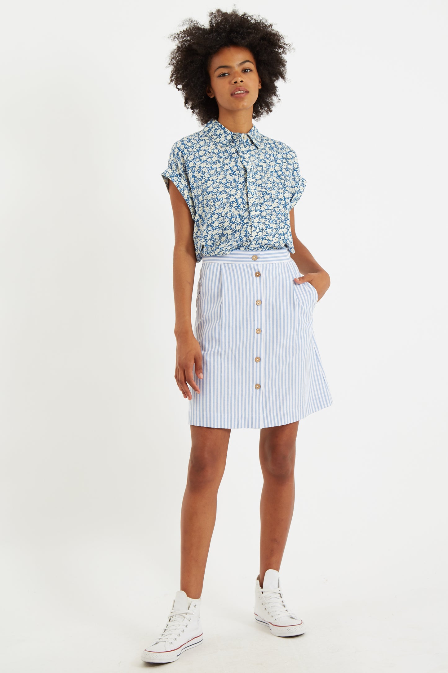 Hela Sail Stripe Button Through A-Line Mini Skirt Blue