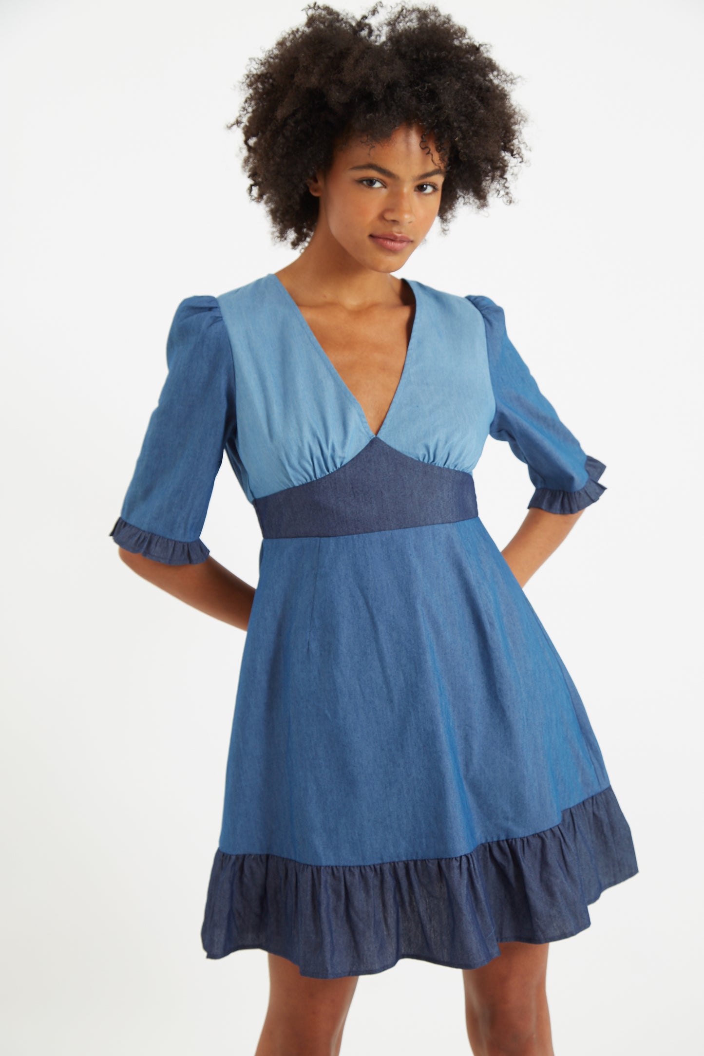 Honie Double Denim V-Neck Mini Dress