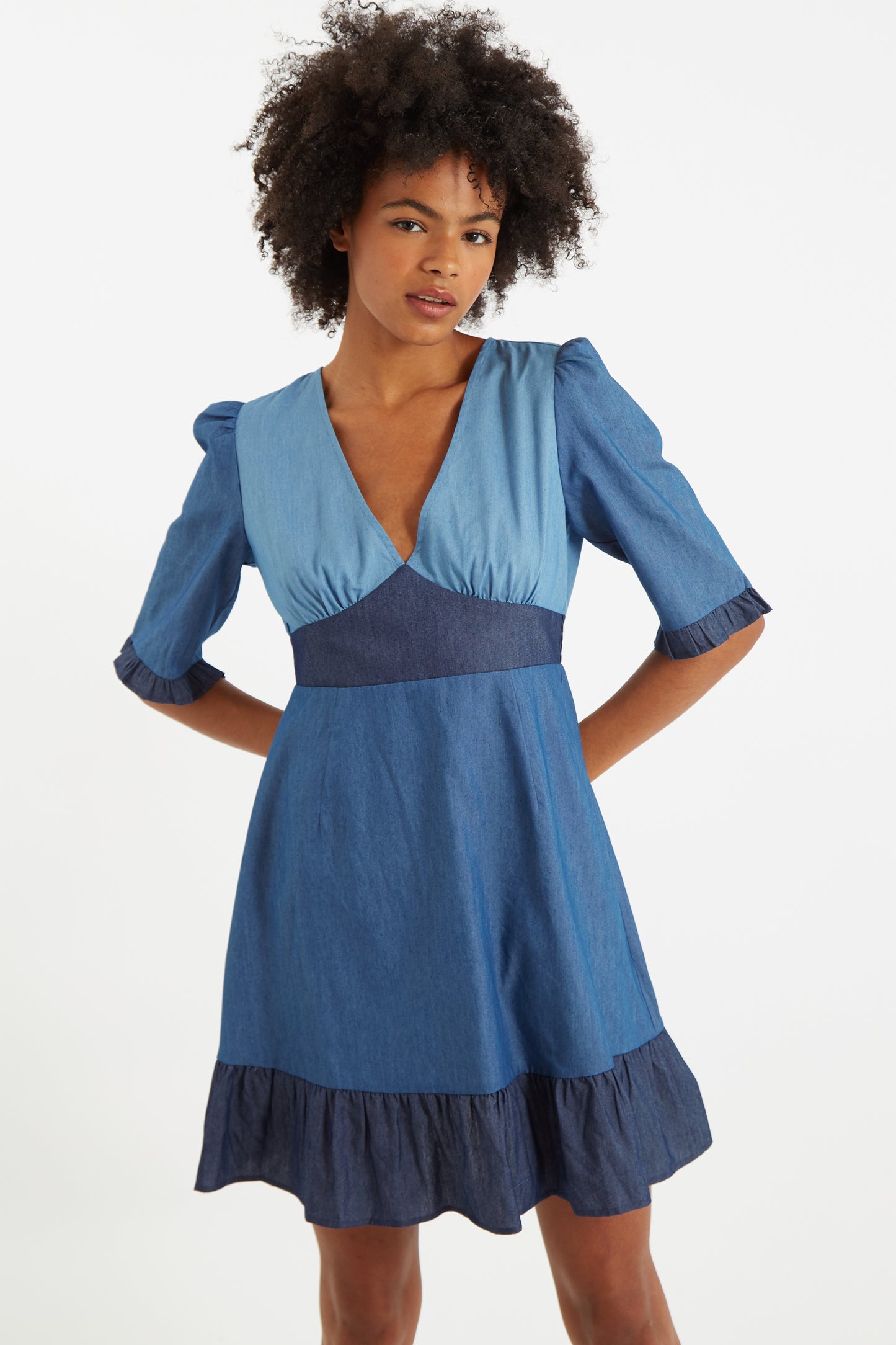 Honie Double Denim V-Neck Mini Dress