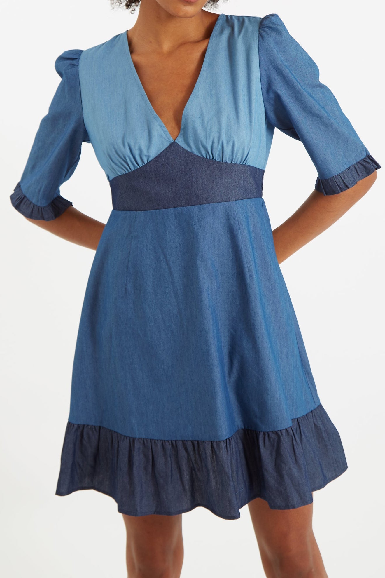 Honie Double Denim V-Neck Mini Dress