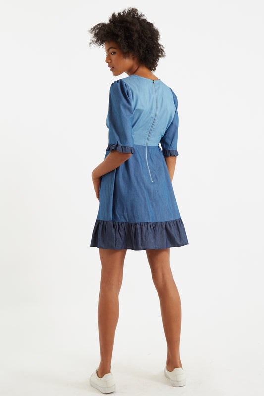 Honie Double Denim V-Neck Mini Dress