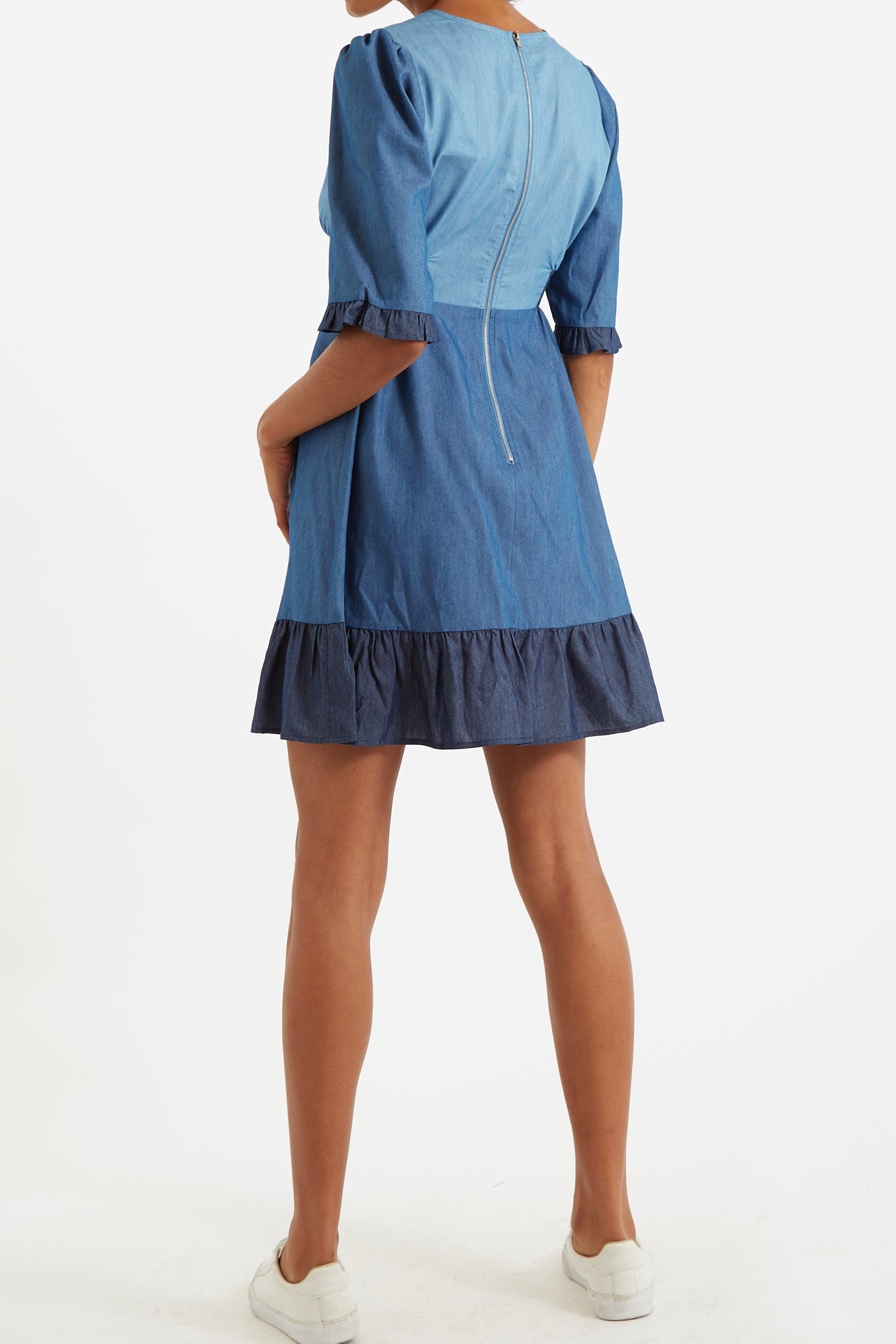 Honie Double Denim V-Neck Mini Dress - Back