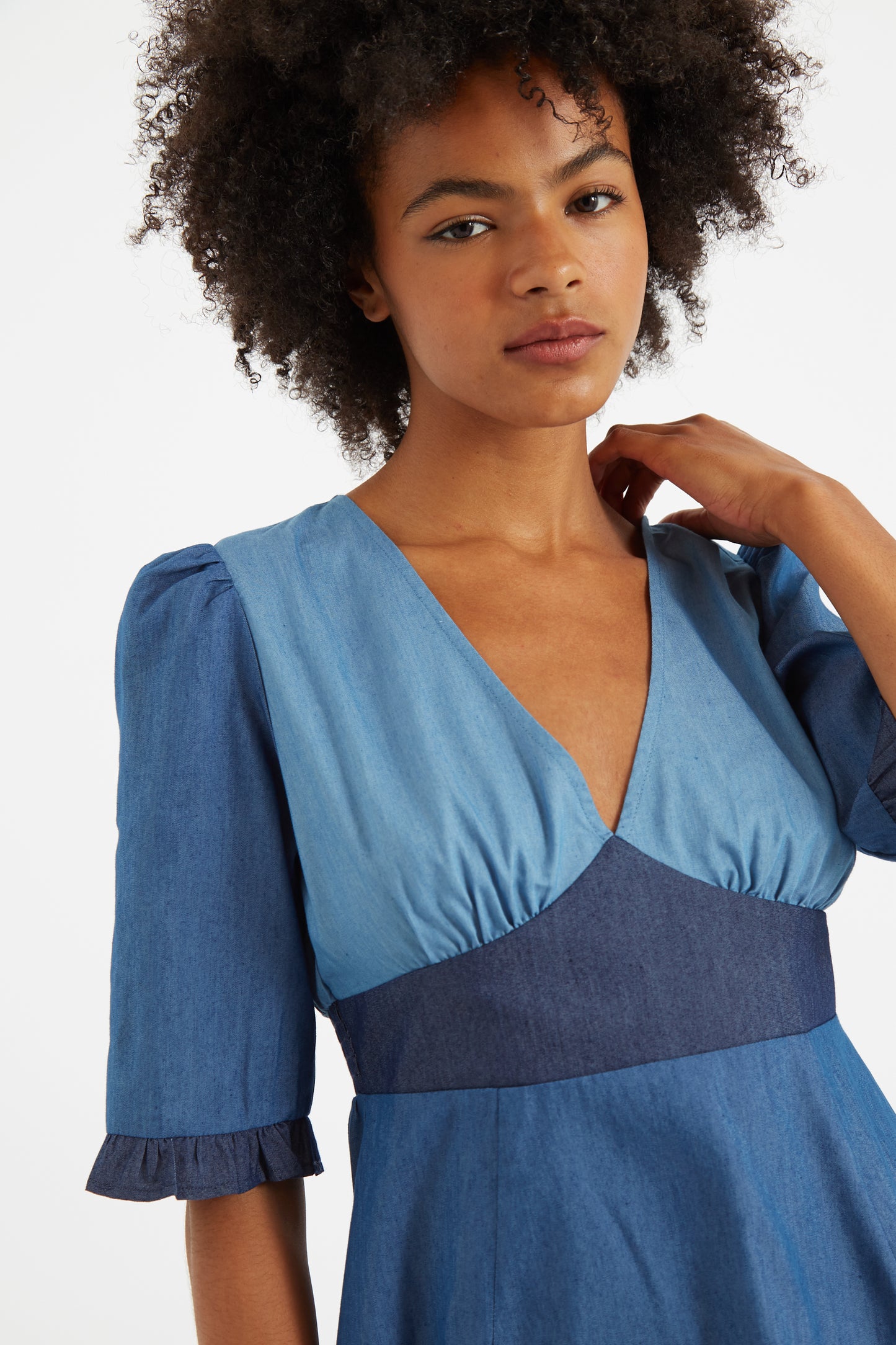 Honie Double Denim V-Neck Mini Dress