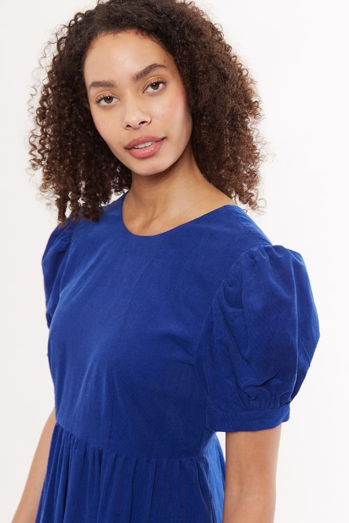 Stasia Baby Cord Statement Sleeve Blue Midi Dress - Detail 1