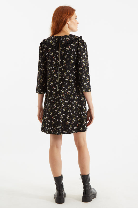 Jeanine Slavic Flowers Print Statement Collar Mini Dress