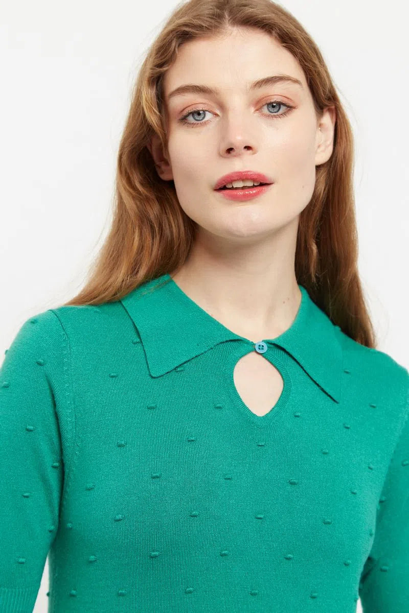 Louche Josephina Raindrops Textured Short Sleeve Collared Sweater Green