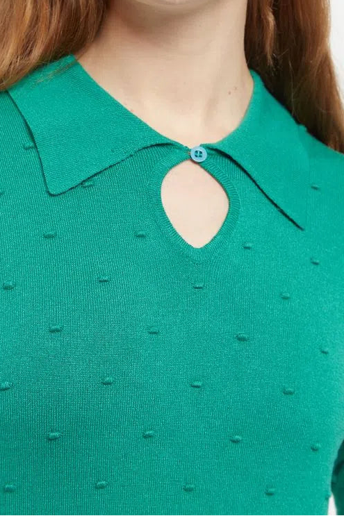 Josephina Raindrops Textured Short Sleeve Collared Sweater Green - Detail 2