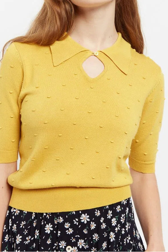 Josephina Raindrops Textured Short Sleeve Collared Sweater Mustard