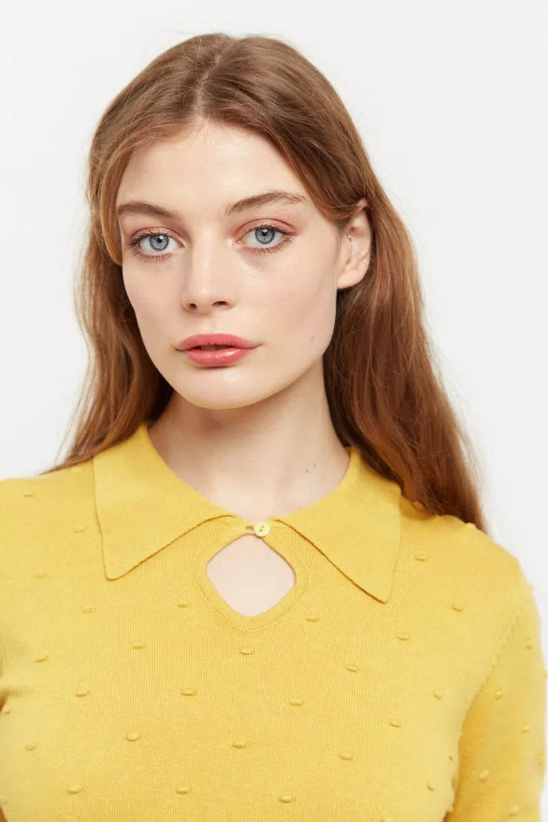 Josephina Raindrops Textured Short Sleeve Collared Sweater Mustard