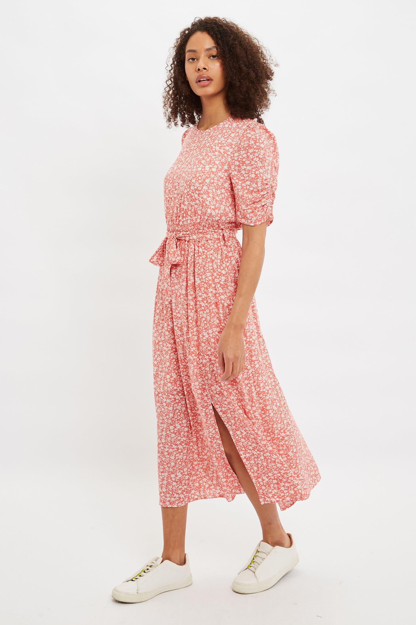 Louche Kiza Micro Blossom Print Short Sleeve Midi Dress In Pink