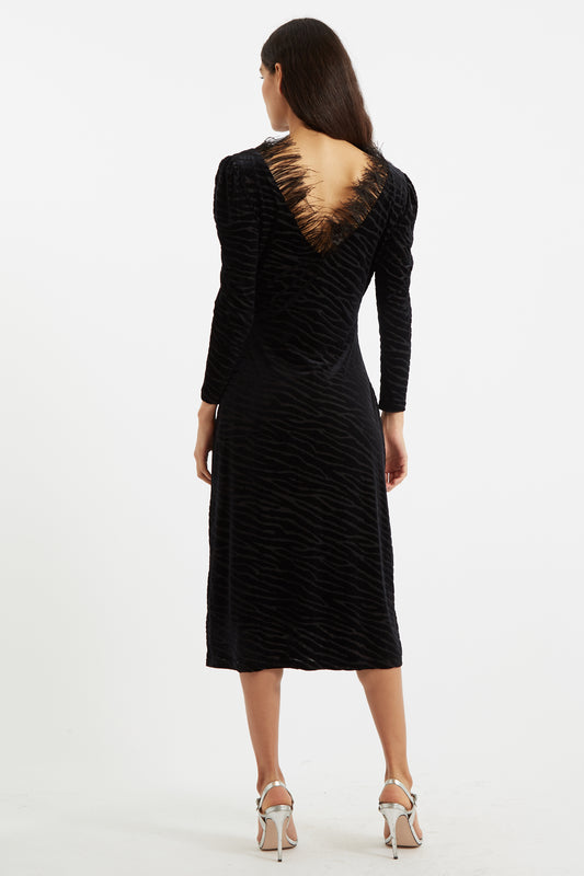 Louche Krystel Zebra Devore Feather Trim Midi Dress Black