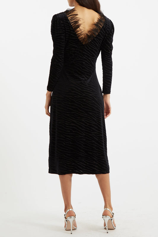 Krystel Zebra Devore Feather Trim Midi Dress Black