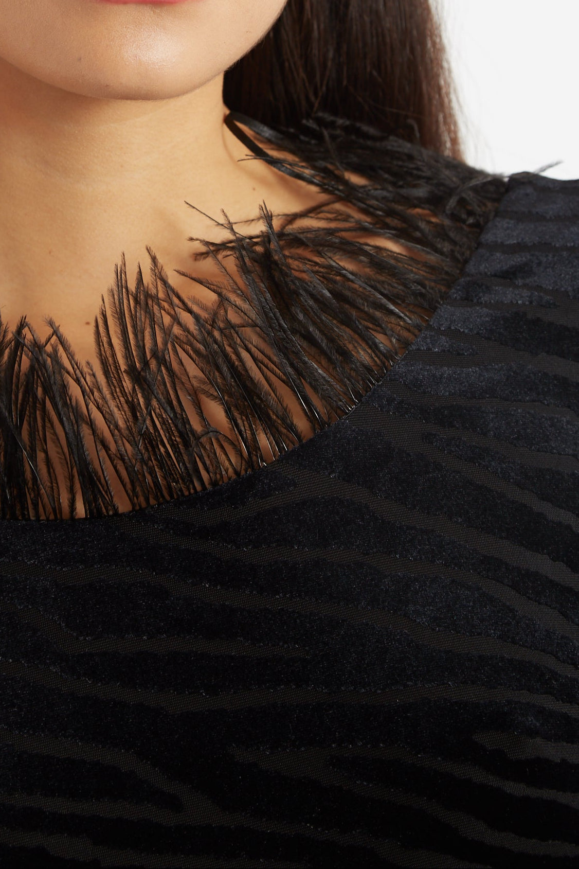 Krystel Zebra Devore Feather Trim Midi Dress Black - Detail 1