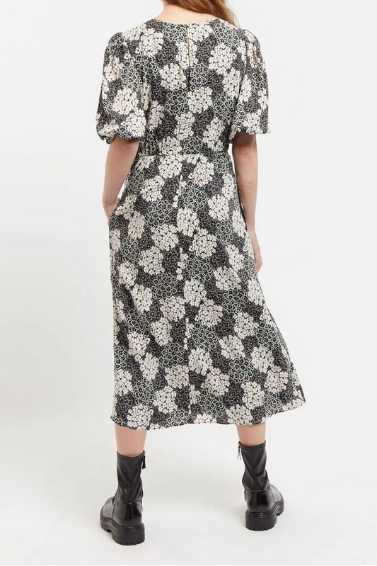 Leonore Flower Patch Balloon Sleeve Midi Dress in Black & White