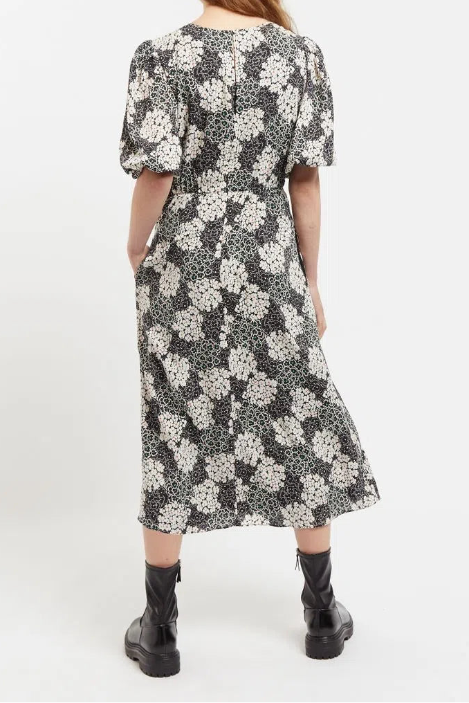 Leonore Flower Patch Balloon Sleeve Midi Dress in Black & White - Back